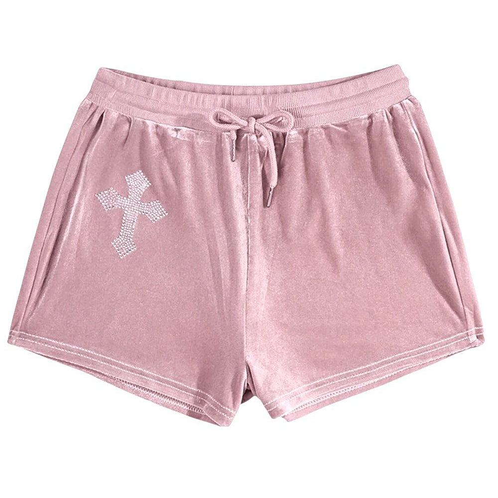 BLACK VELVET SHORTS WITH RHINESTONE CROSS FOR WOMEN