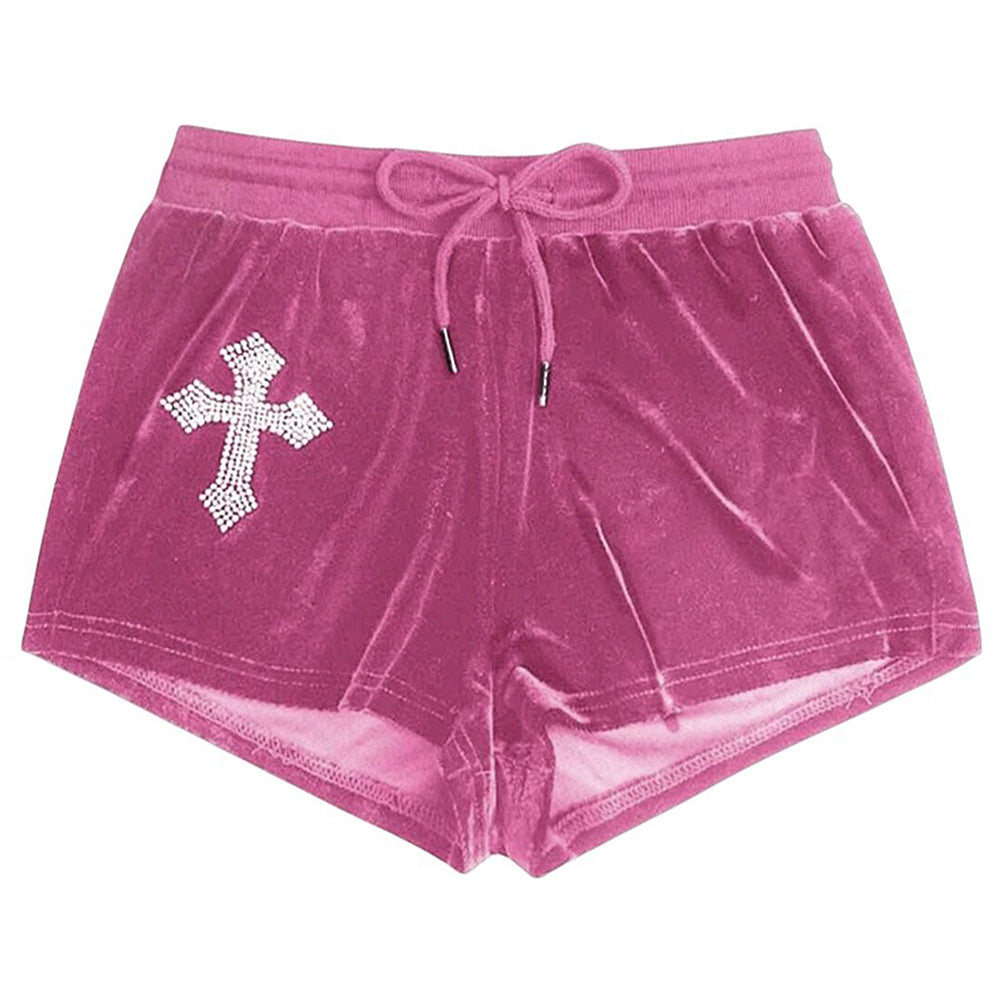 BLACK VELVET SHORTS WITH RHINESTONE CROSS FOR WOMEN