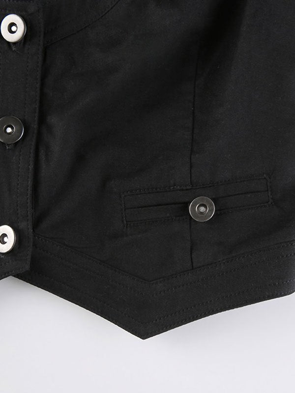 BLACK VEST WITH NECKLACES - SLIM FIT U-NECK VINTAGE STYLE