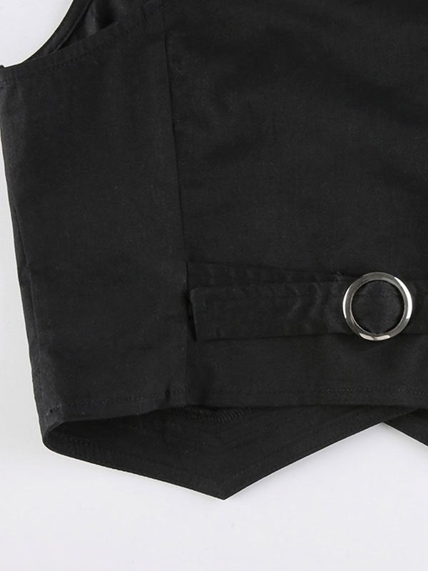 BLACK VEST WITH NECKLACES - SLIM FIT U-NECK VINTAGE STYLE