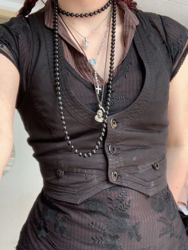 BLACK VEST WITH NECKLACES - SLIM FIT U-NECK VINTAGE STYLE