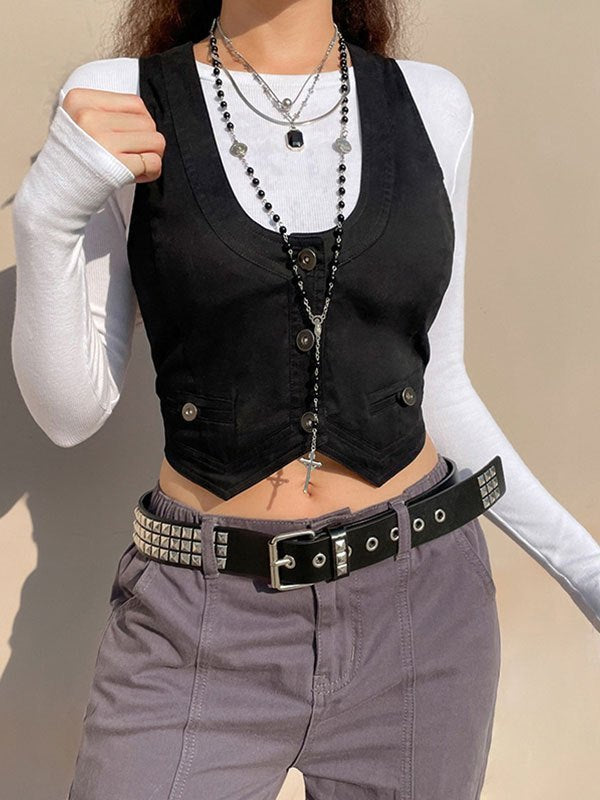 BLACK VEST WITH NECKLACES - SLIM FIT U-NECK VINTAGE STYLE