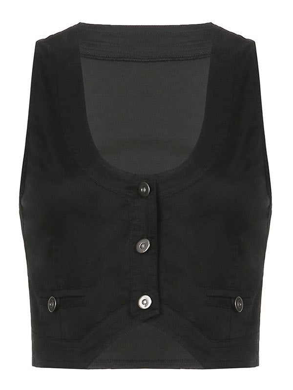 BLACK VEST WITH NECKLACES - SLIM FIT U-NECK VINTAGE STYLE