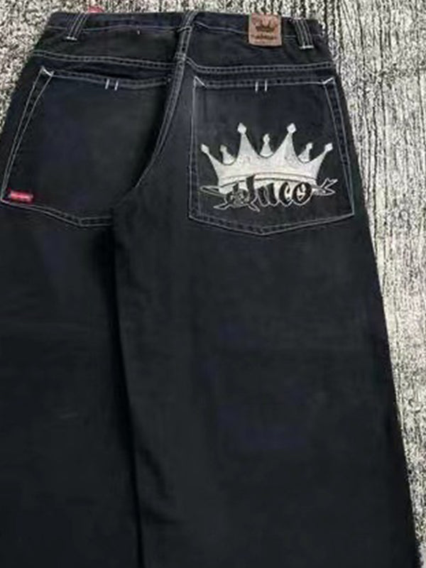 BLACK WIDE-LEG BOYFRIEND JEANS WITH CROWN DESIGN - TRENDIGE BOYFRIEND JEANS