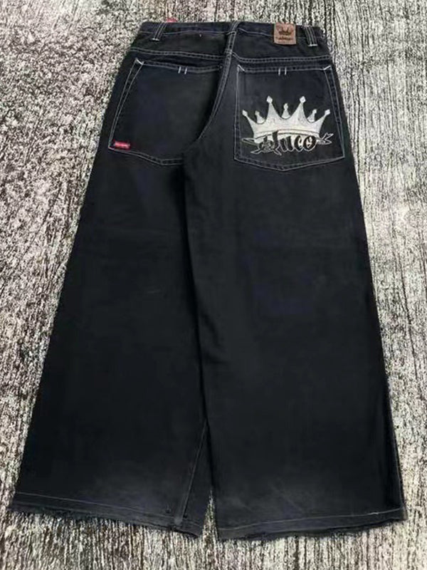 BLACK WIDE-LEG BOYFRIEND JEANS WITH CROWN DESIGN - TRENDIGE BOYFRIEND JEANS