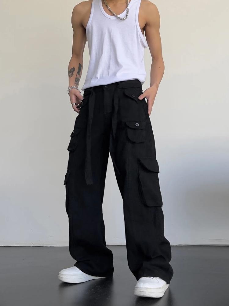 BLACK WIDE-LEG CARGO PANTS UNISEX DENIM JEANS