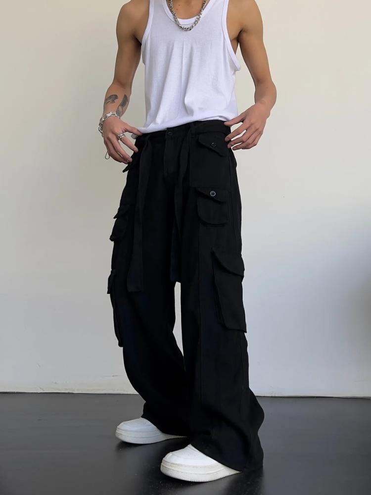 BLACK WIDE-LEG CARGO PANTS UNISEX DENIM JEANS
