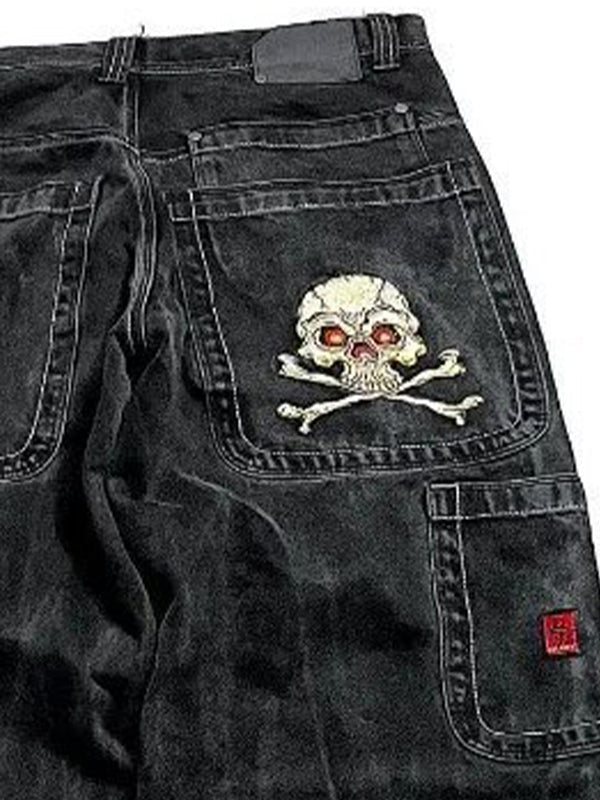 BLACK WIDE-LEG JEANS WITH SKULL EMBROIDERY BOYFRIEND FIT BLACK