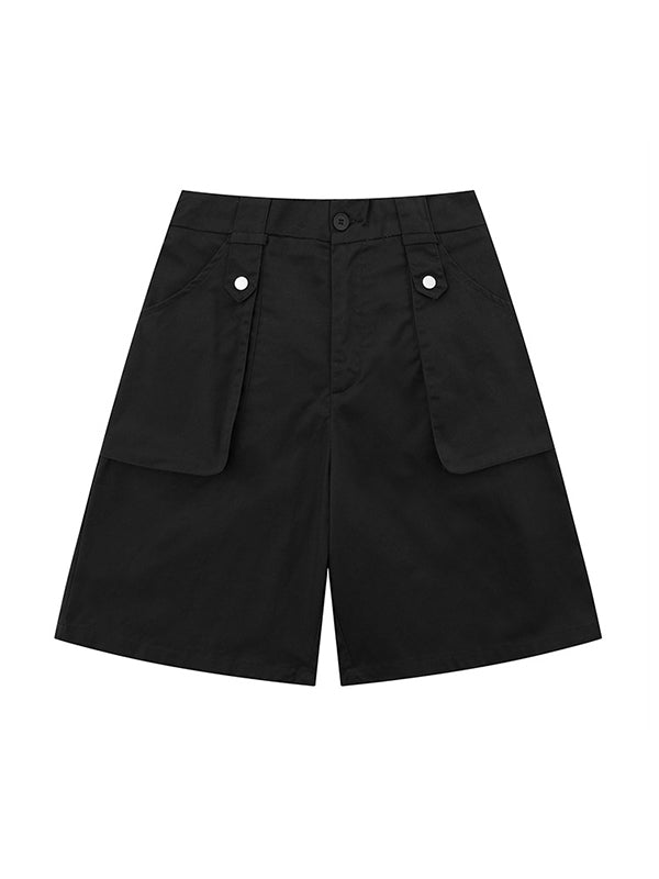 BLACK WIDE-LEGGED SHORTS WITH BUTTONED FLAP POCKETS FOR CASUAL WEAR