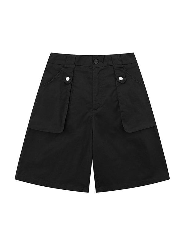 BLACK WIDE-LEGGED SHORTS WITH BUTTONED FLAP POCKETS FOR CASUAL WEAR