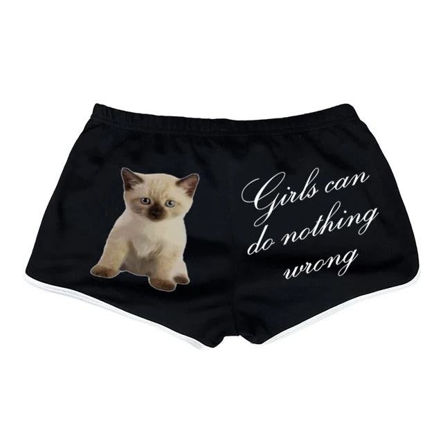 BLACK WRONG BOOTY SHORTS WITH CAT AND TEXT