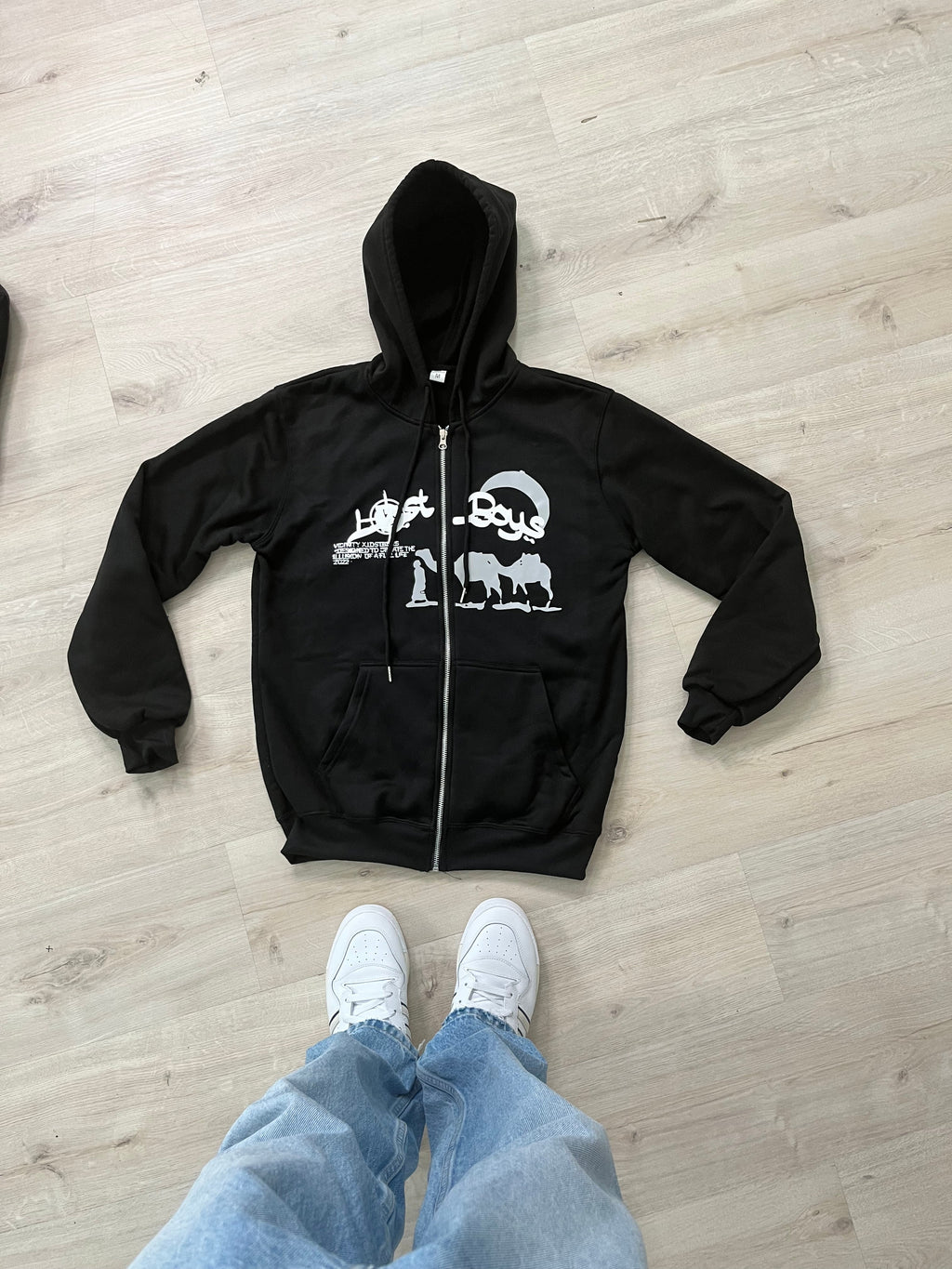 BLACK ZIP-UP HOODIE LOST BOYS VINTAGE GRAPHIC DESIGN