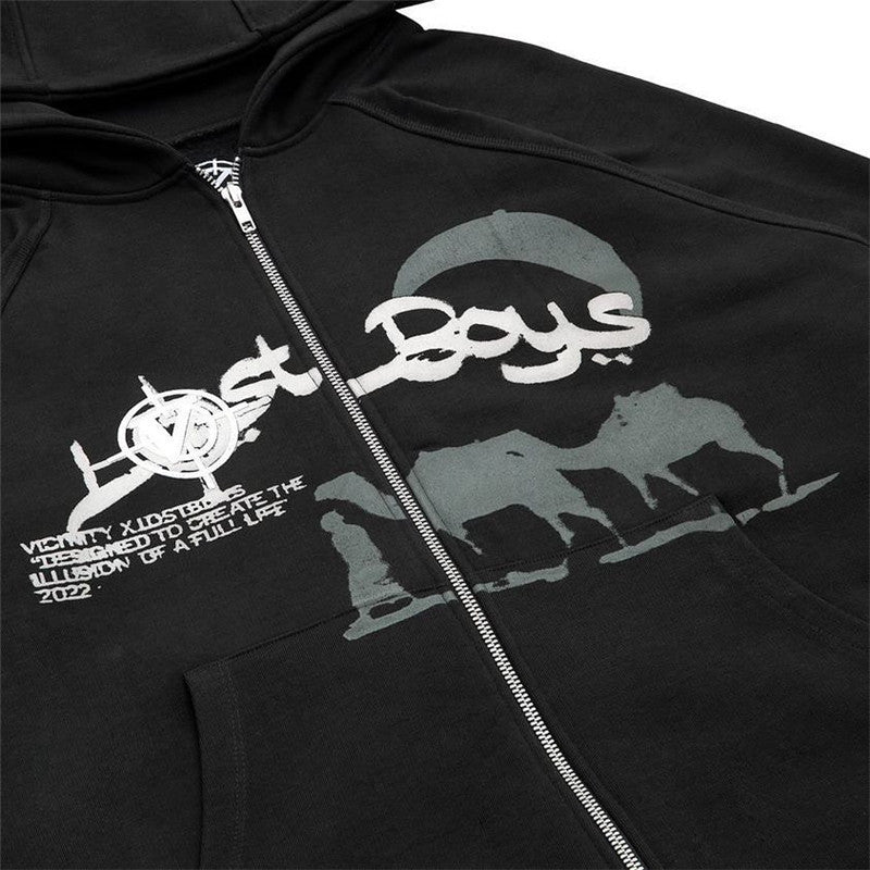 BLACK ZIP-UP HOODIE LOST BOYS VINTAGE GRAPHIC DESIGN