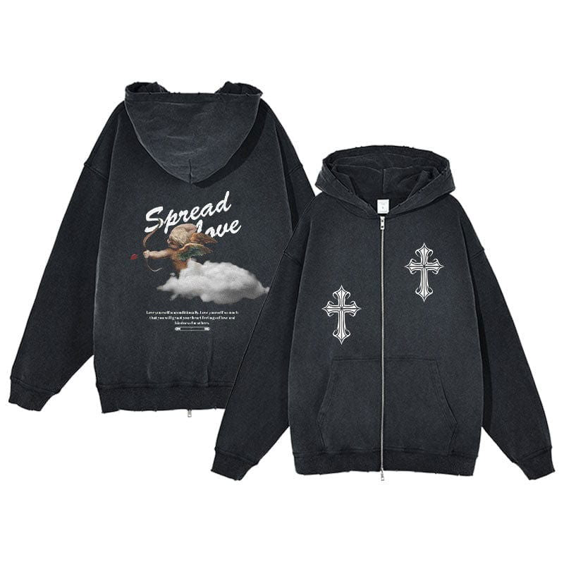 BLACK ZIP-UP HOODIE WITH ANGEL AND CROSS DESIGNS - SPREAD LOVE ZIP-UP