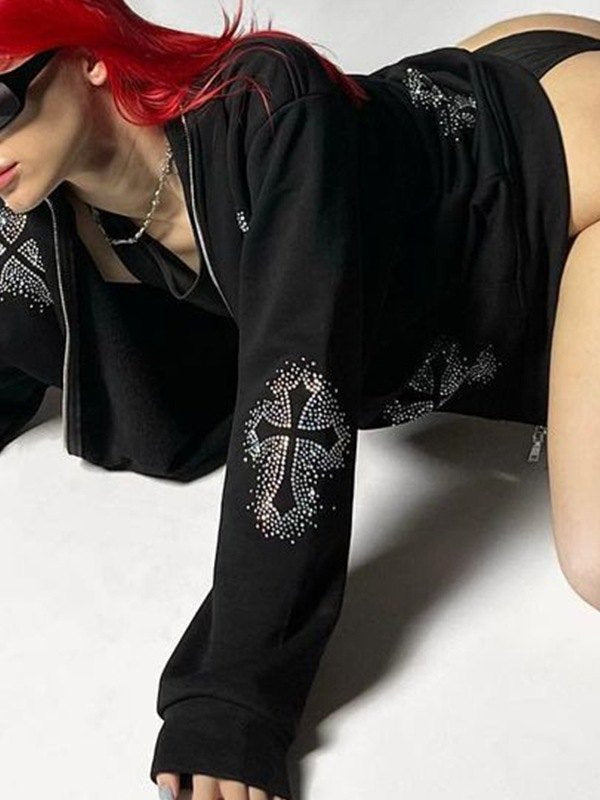 BLACK ZIP-UP HOODIE WITH CROSS DESIGNS LOOSE FIT LONG SLEEVE