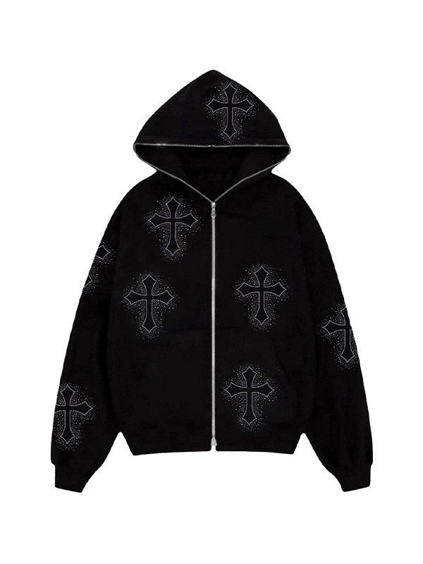 BLACK ZIP-UP HOODIE WITH CROSS DESIGNS LOOSE FIT LONG SLEEVE