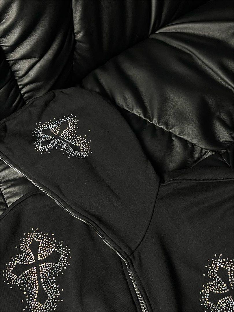 BLACK ZIP-UP HOODIE WITH CROSS DESIGNS LOOSE FIT LONG SLEEVE