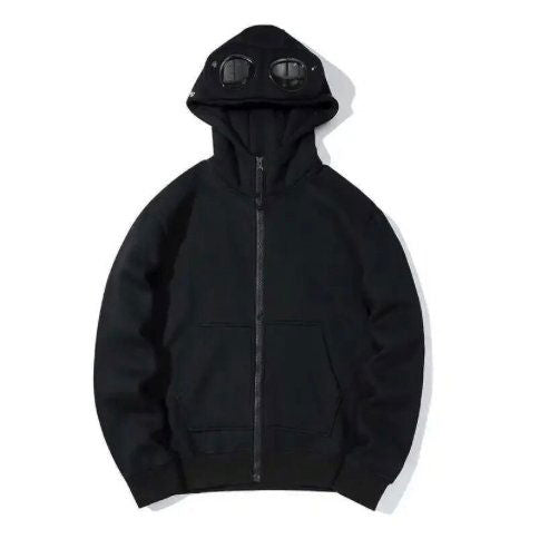BLACK ZIP-UP HOODIE WITH GOGGLES ON HOOD - HOODIE ZIP WATCHER