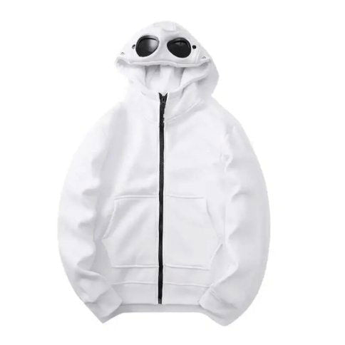 BLACK ZIP-UP HOODIE WITH GOGGLES ON HOOD - HOODIE ZIP WATCHER