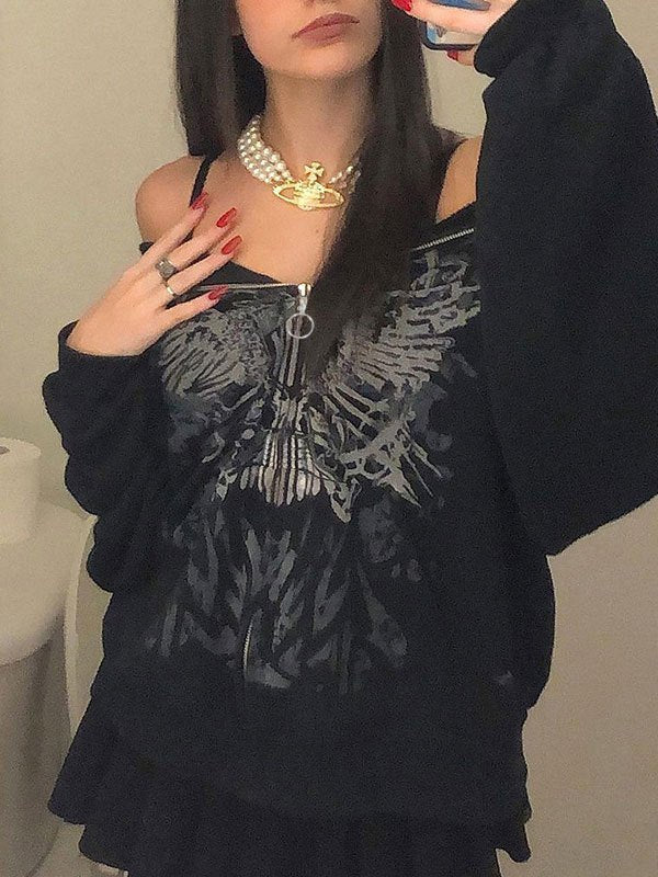 BLACK ZIP-UP HOODIE WITH GRAPHIC CASUAL LOOSE FIT DESIGN