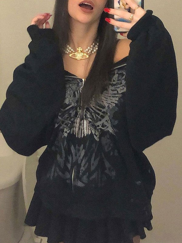 BLACK ZIP-UP HOODIE WITH GRAPHIC CASUAL LOOSE FIT DESIGN