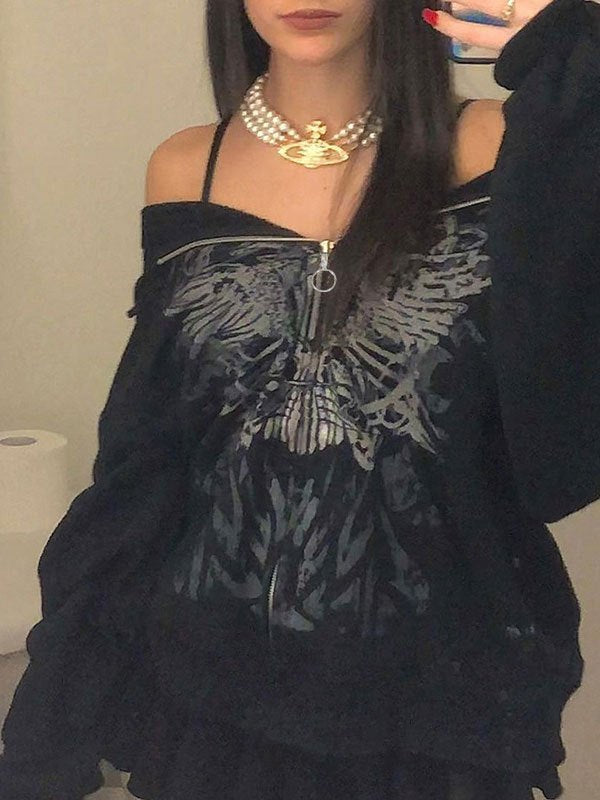 BLACK ZIP-UP HOODIE WITH GRAPHIC CASUAL LOOSE FIT DESIGN