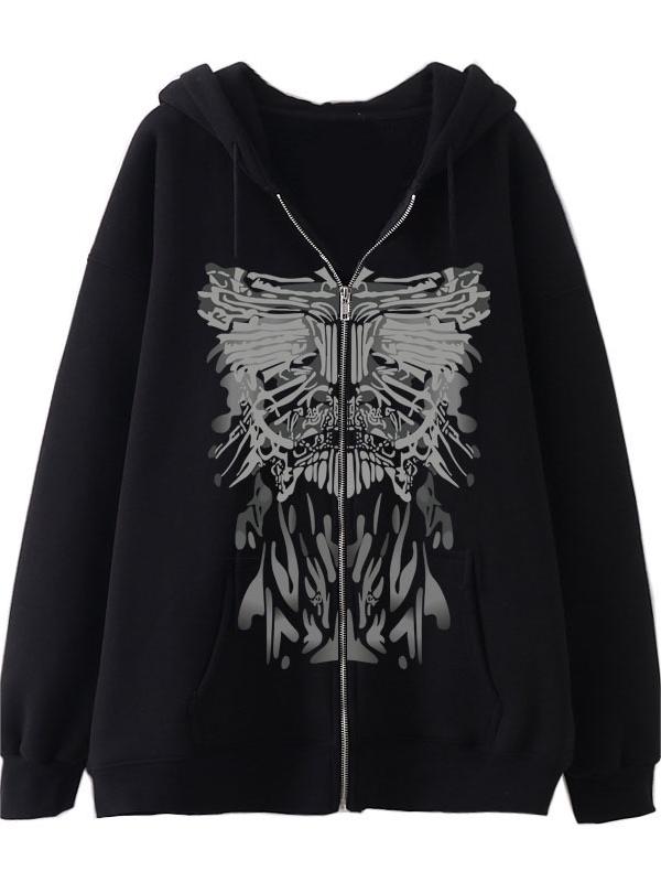 BLACK ZIP-UP HOODIE WITH GRAPHIC CASUAL LOOSE FIT DESIGN