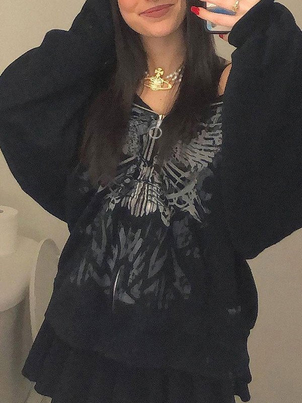 BLACK ZIP-UP HOODIE WITH GRAPHIC CASUAL LOOSE FIT DESIGN