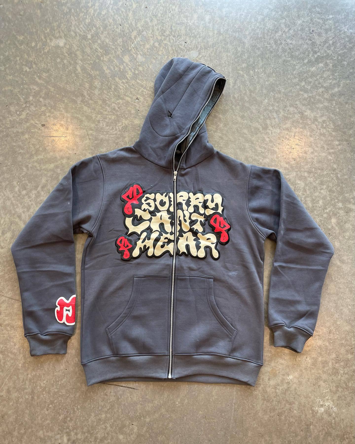 BLACK ZIP-UP HOODIE WITH GRAPHIC DESIGN AND EMBROIDERY DETAILS