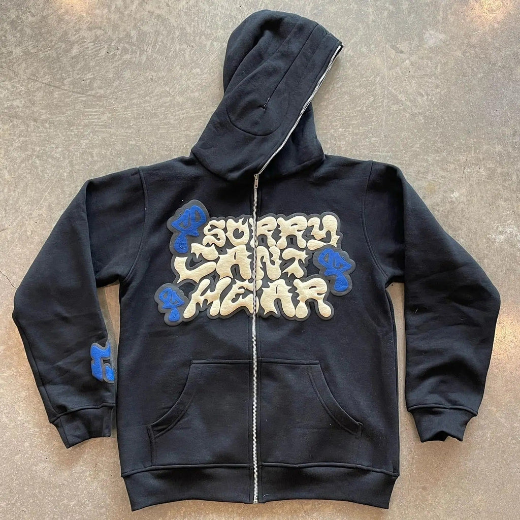 BLACK ZIP-UP HOODIE WITH GRAPHIC DESIGN AND EMBROIDERY DETAILS