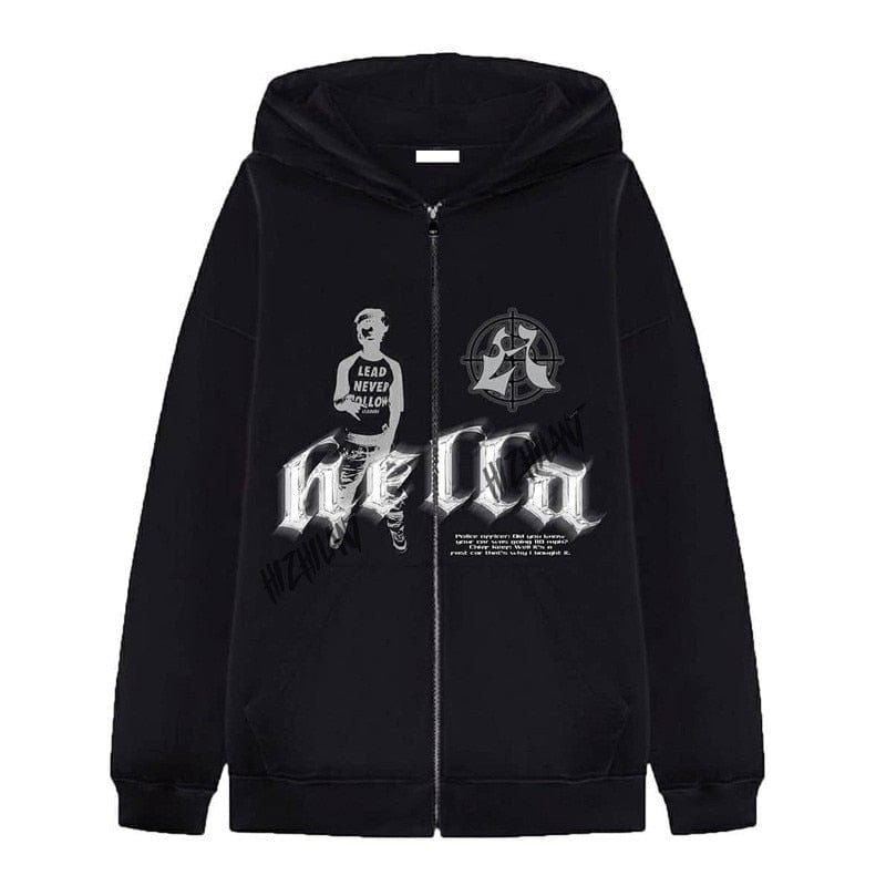BLACK ZIP-UP HOODIE WITH GRAPHIC DESIGNS FOR STREETWEAR ENTHUSIASTS