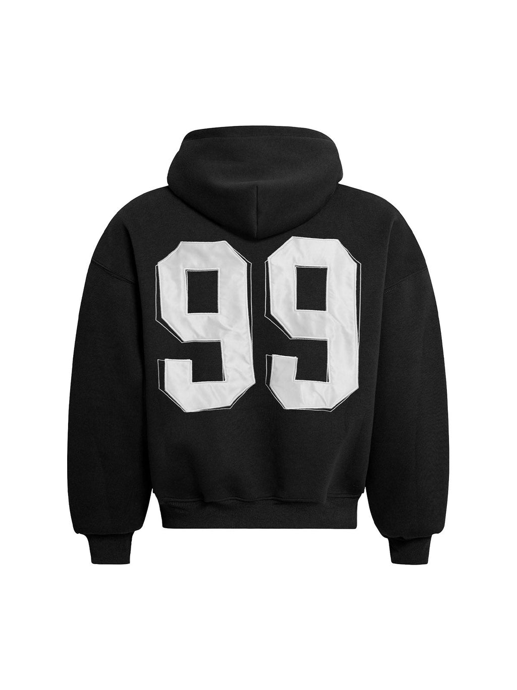 BLACK ZIP-UP HOODIE WITH PATCHES AND EMBROIDERED ZIP LONG SLEEVE DESIGN
