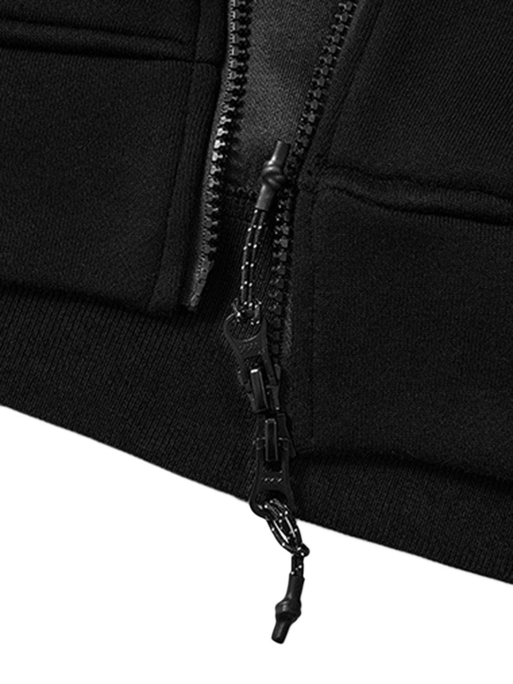 BLACK ZIP-UP HOODIE WITH PATCHES AND EMBROIDERED ZIP LONG SLEEVE DESIGN