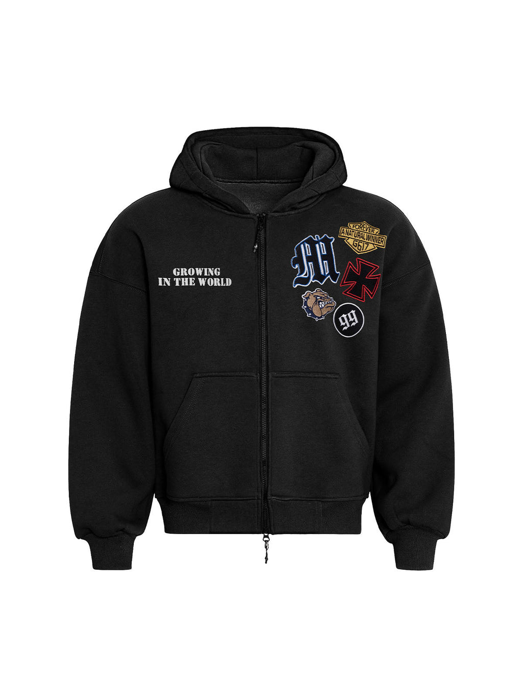 BLACK ZIP-UP HOODIE WITH PATCHES AND EMBROIDERED ZIP LONG SLEEVE DESIGN