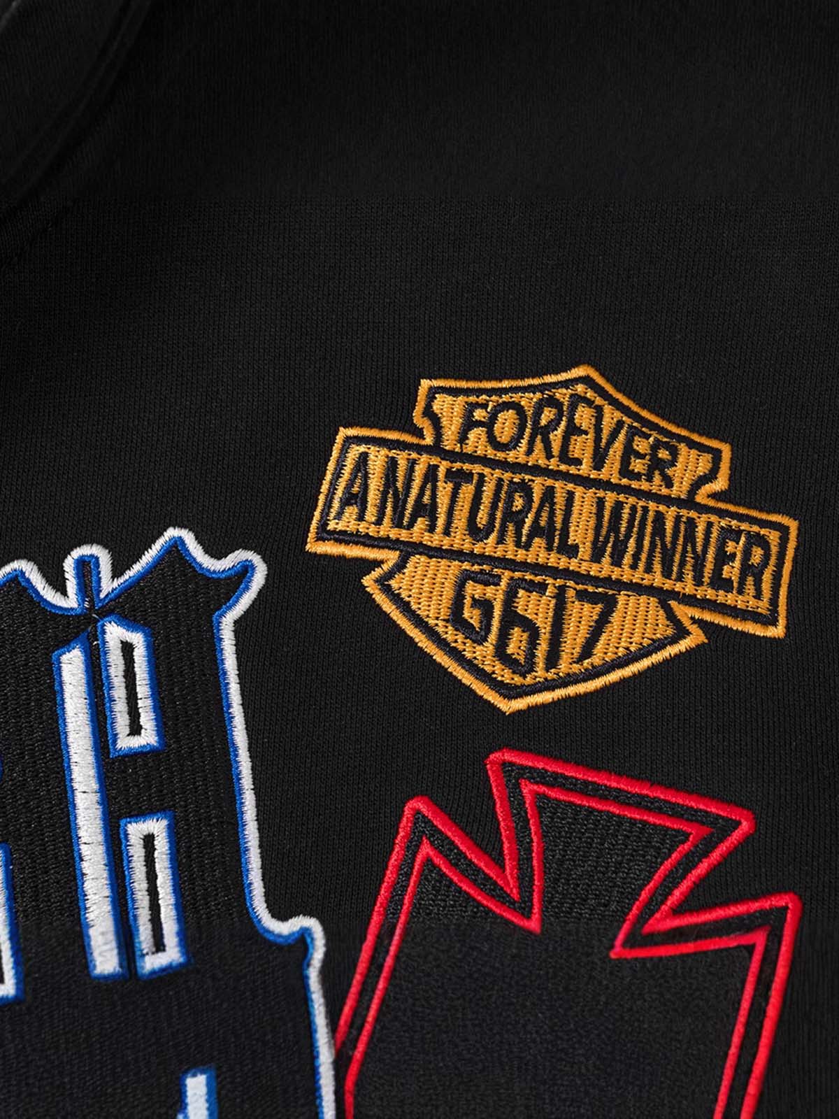 BLACK ZIP-UP HOODIE WITH PATCHES AND EMBROIDERED ZIP LONG SLEEVE DESIGN