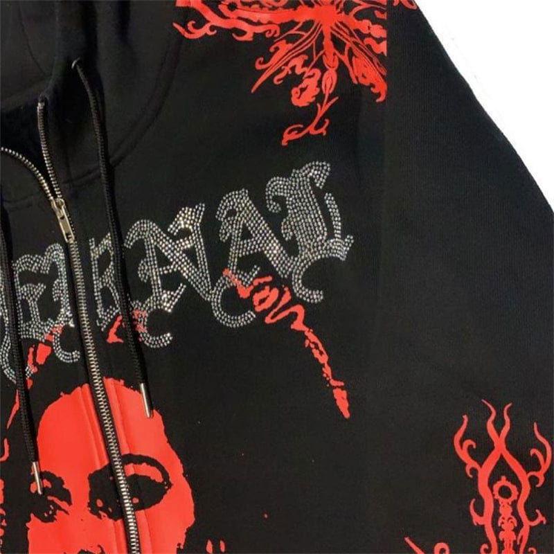 BLACK ZIP-UP HOODIE WITH RED AND SILVER GRAPHICS SWEAT ZIP VAMPIRE