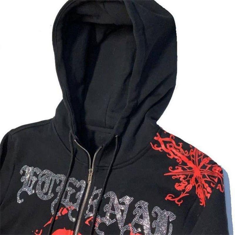 BLACK ZIP-UP HOODIE WITH RED AND SILVER GRAPHICS SWEAT ZIP VAMPIRE