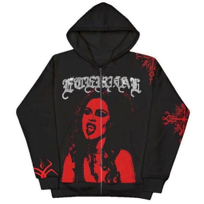 BLACK ZIP-UP HOODIE WITH RED AND SILVER GRAPHICS SWEAT ZIP VAMPIRE
