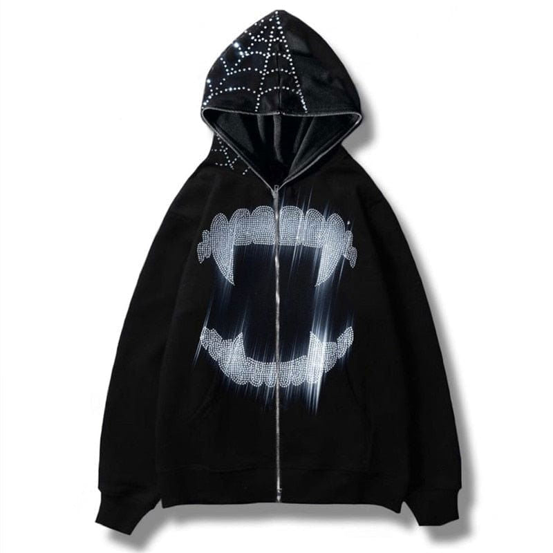 BLACK ZIP-UP HOODIE WITH RHINESTONE DESIGN - VAMPIRE LUXE SPARKLING RHINESTONES