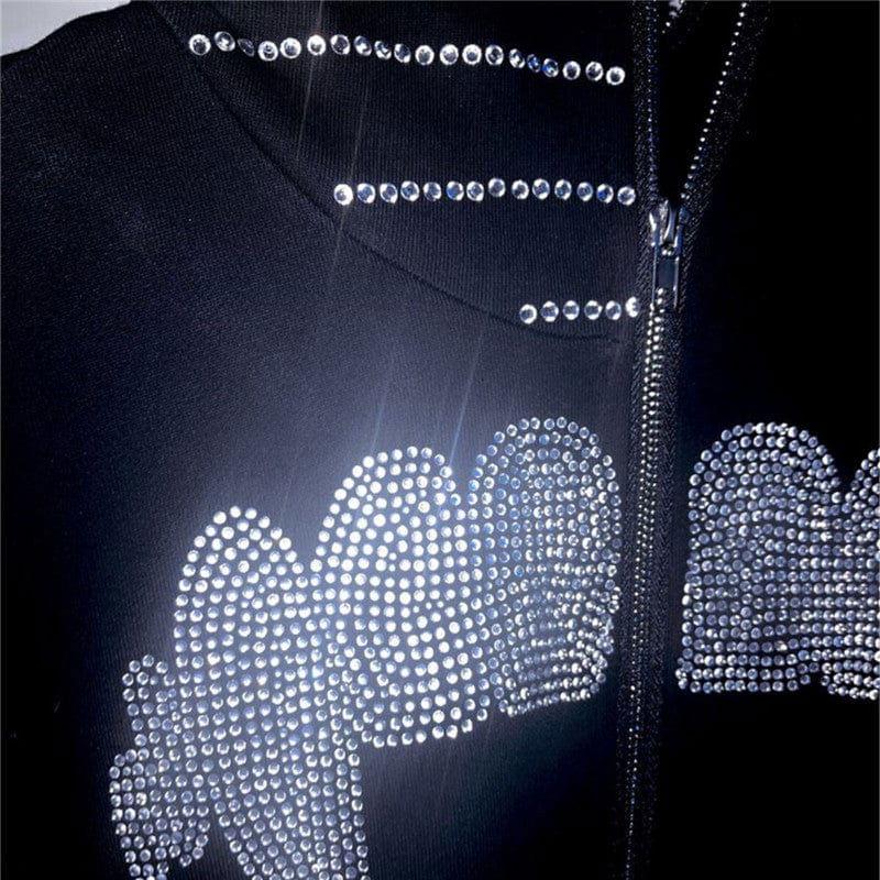 BLACK ZIP-UP HOODIE WITH RHINESTONE DESIGN - VAMPIRE LUXE SPARKLING RHINESTONES