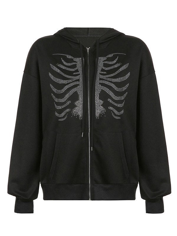 BLACK ZIP-UP HOODIE WITH RHINESTONE SKELETON DESIGN AND SKULL PATTERN