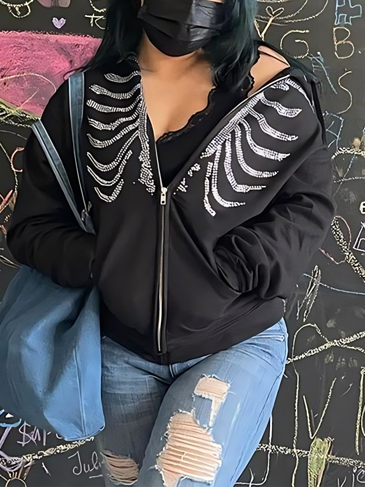 BLACK ZIP-UP HOODIE WITH RHINESTONE SKELETON DESIGN AND SKULL PATTERN