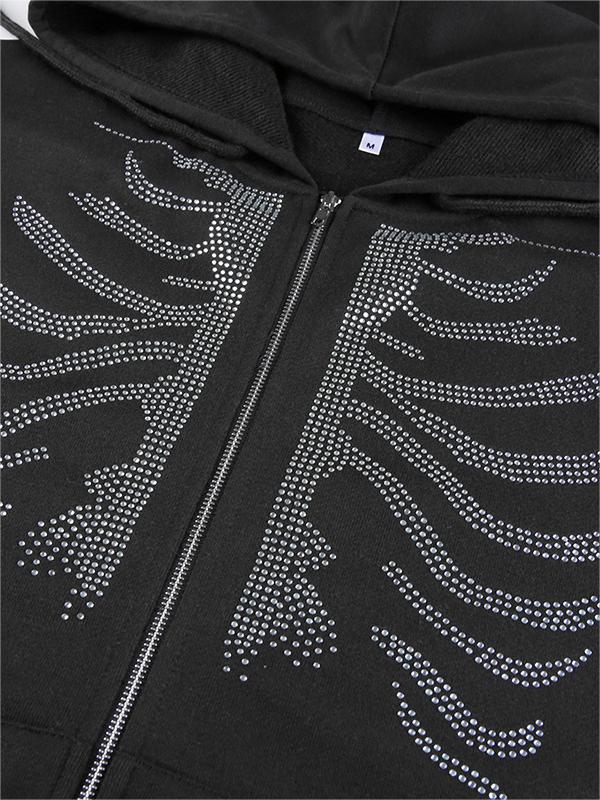 BLACK ZIP-UP HOODIE WITH RHINESTONE SKELETON DESIGN AND SKULL PATTERN