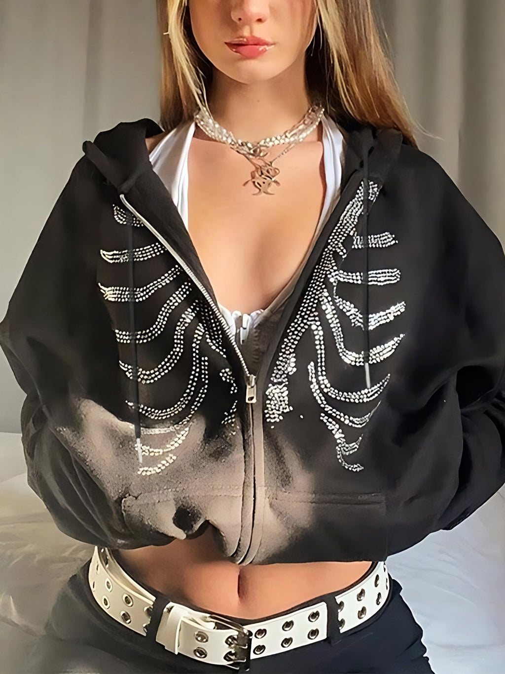 BLACK ZIP-UP HOODIE WITH RHINESTONE SKELETON DESIGN AND SKULL PATTERN