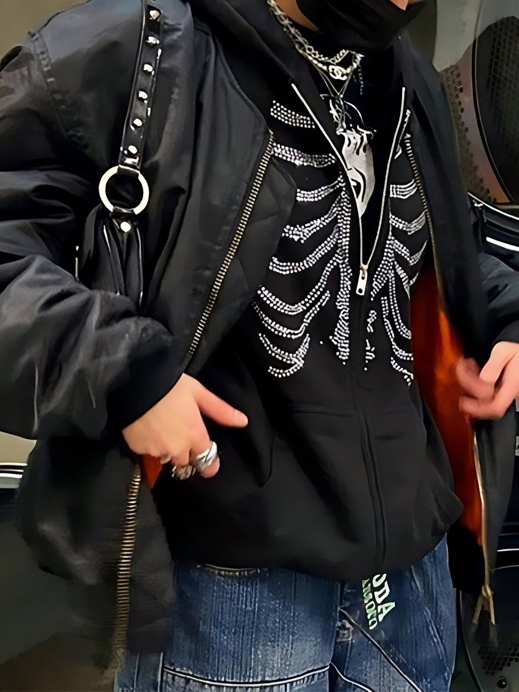 BLACK ZIP-UP HOODIE WITH RHINESTONE SKELETON DESIGN - RHINESTONE SKULL HOODIE
