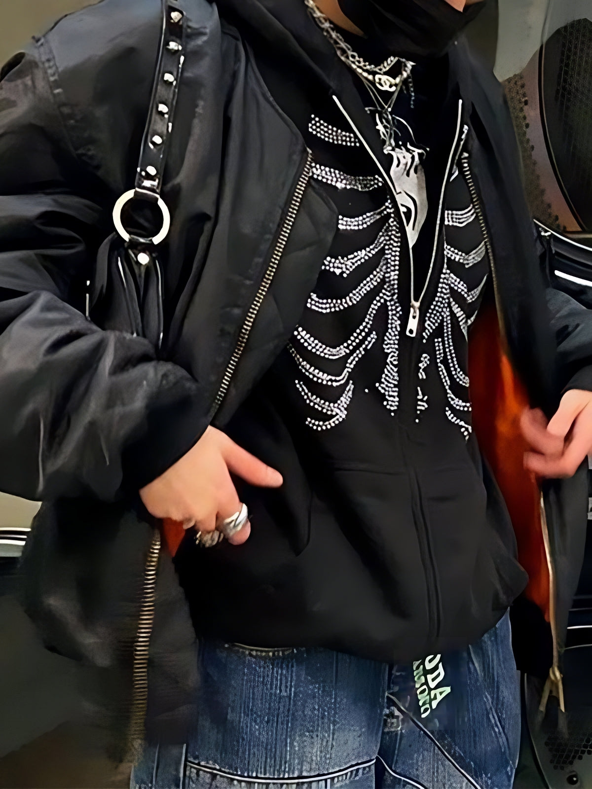 BLACK ZIP-UP HOODIE WITH RHINESTONE SKELETON DESIGN - RHINESTONE SKULL HOODIE