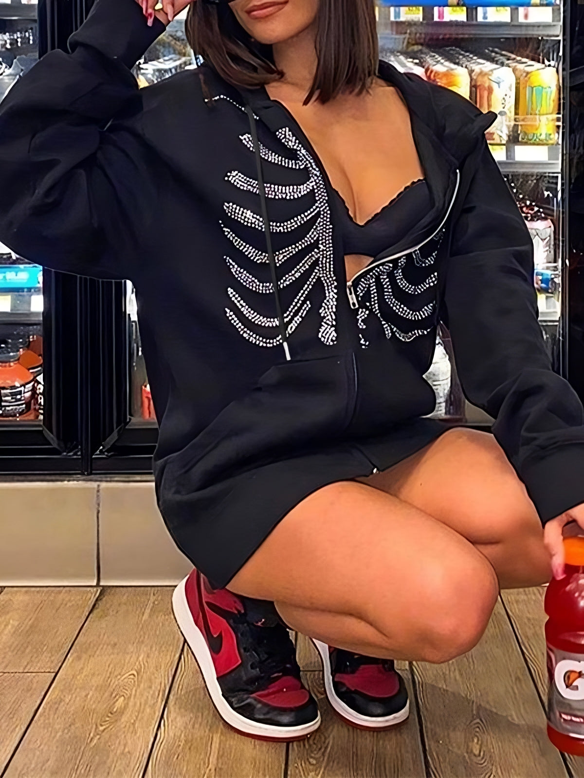 BLACK ZIP-UP HOODIE WITH RHINESTONE SKELETON DESIGN - RHINESTONE SKULL HOODIE