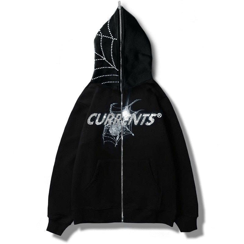 BLACK ZIP-UP HOODIE WITH RHINESTONES - SWEAT ZIP CURRENTS