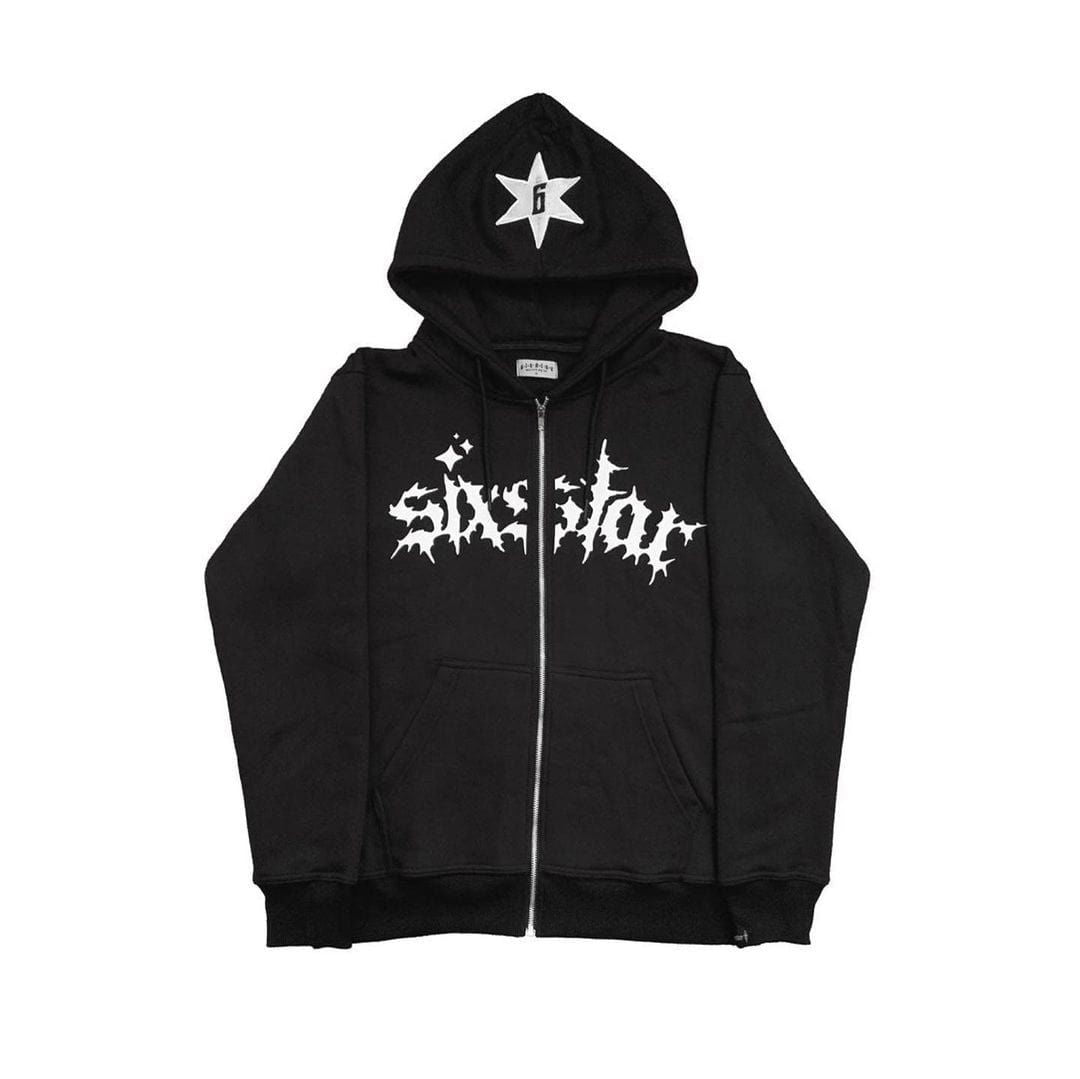 BLACK ZIP-UP HOODIE WITH STAR DESIGN SWEAT ZIP SIXSTAR