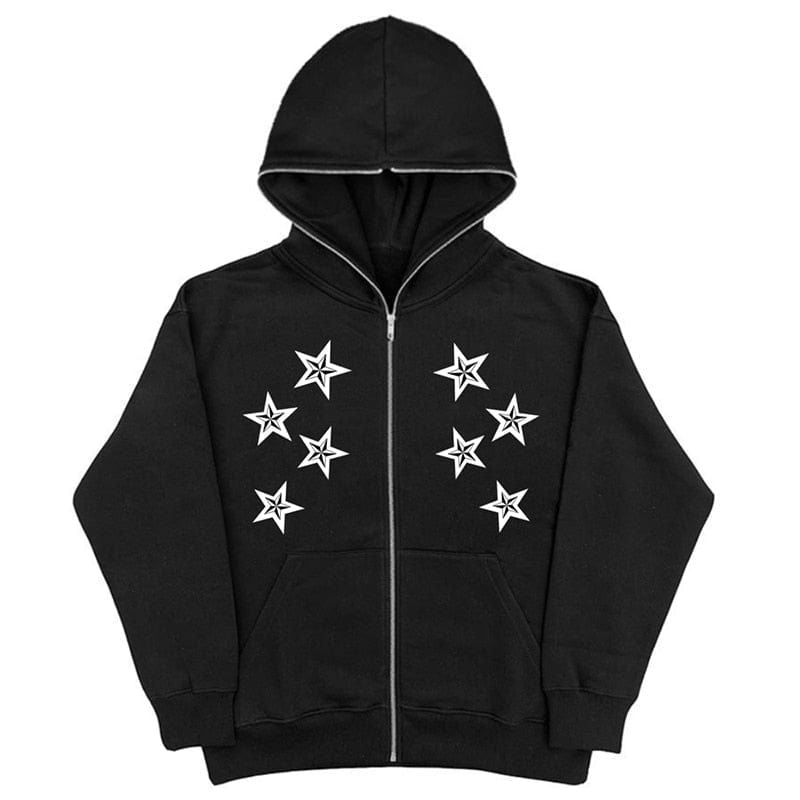 BLACK ZIP-UP HOODIE WITH STAR DESIGNS - EFFICIENT WORLDWIDE DELIVERY